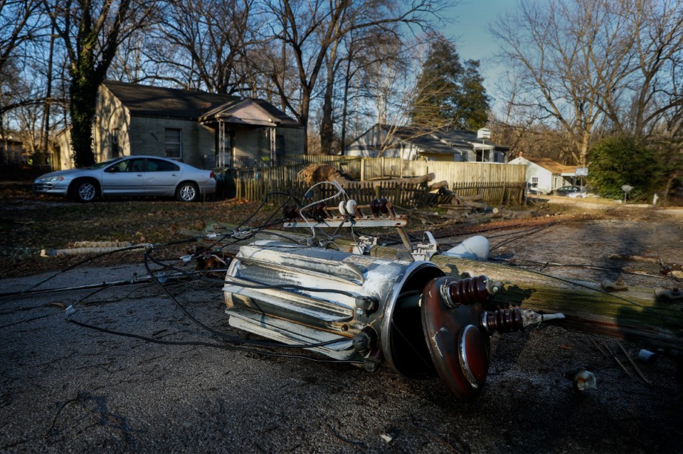 <strong>A transformer lies in the middle of Berkshire Avenue near Graggland Circle on Tuesday, Feb. 8, 2022. Efforts to restore power to all those who lost it in last week&rsquo;s winter story are ongoing.</strong> (Mark Weber/The Daily Memphian)
