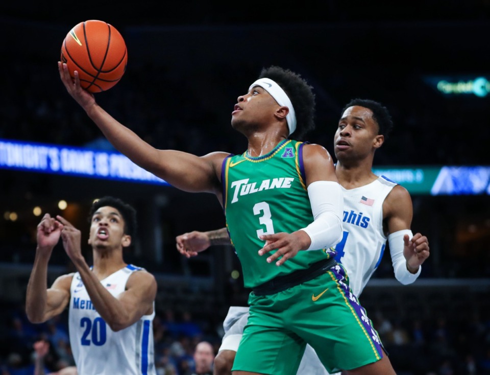 <strong>Tulane guard Jalen Cook (3) goes for a layup on Feb. 9, 2022, in the game against the University of Memphis.</strong> (Patrick Lantrip/Daily Memphian)