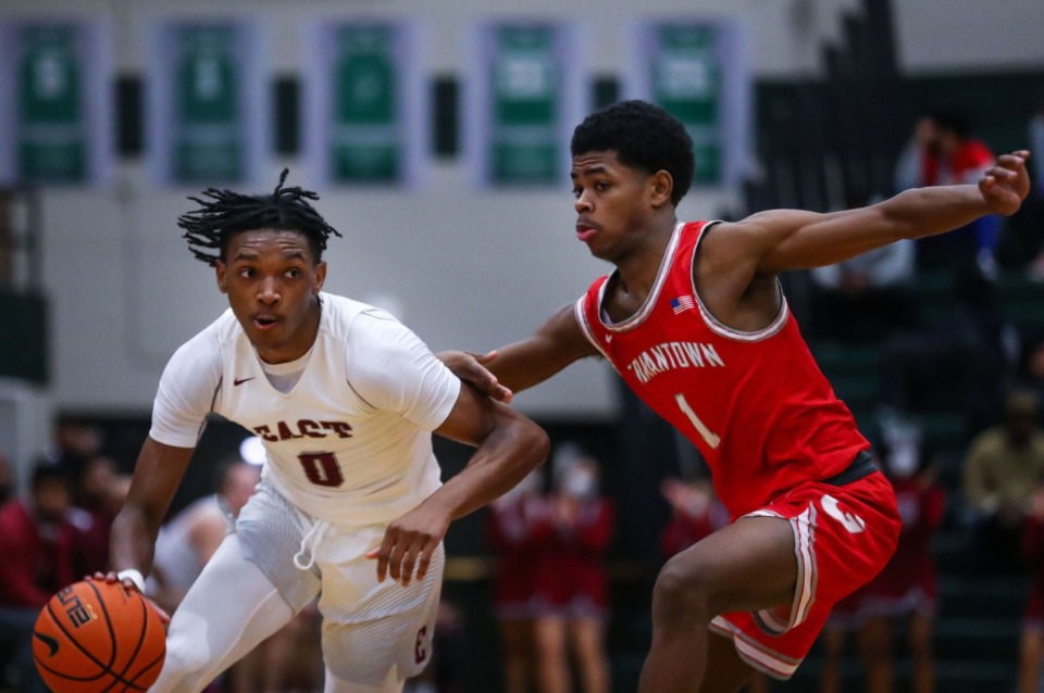 <strong>East guard EJ Smith (0) brings the ball up the court during a Feb. 12, 2022 game against Germantown.</strong> (Patrick Lantrip/Daily Memphian)