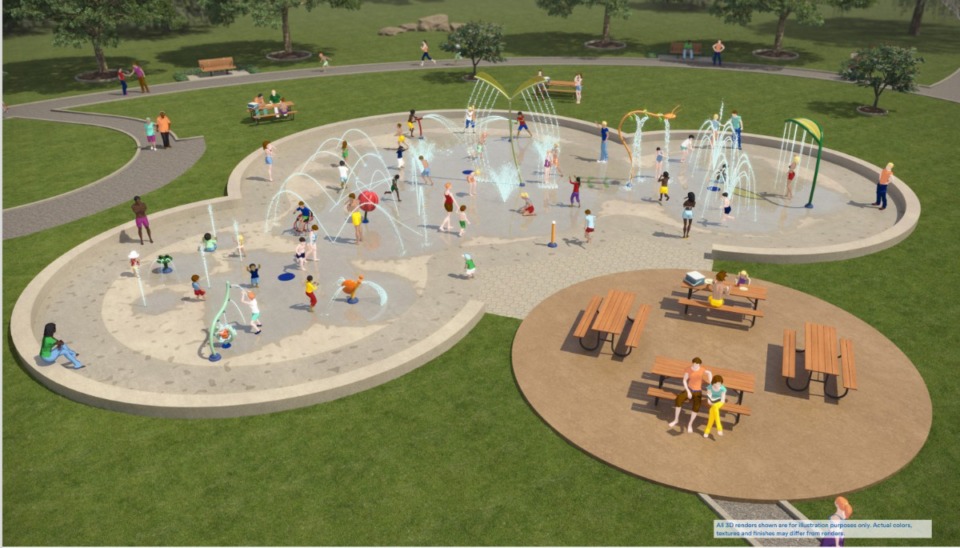 <strong>In addition to the&nbsp;26 interactive spray toys, the splash pad plans include&nbsp;new features, like bike racks, a drinking fountain and a covered pavilion with picnic tables and seat benches.</strong> (Rendering courtesy of Vortex)