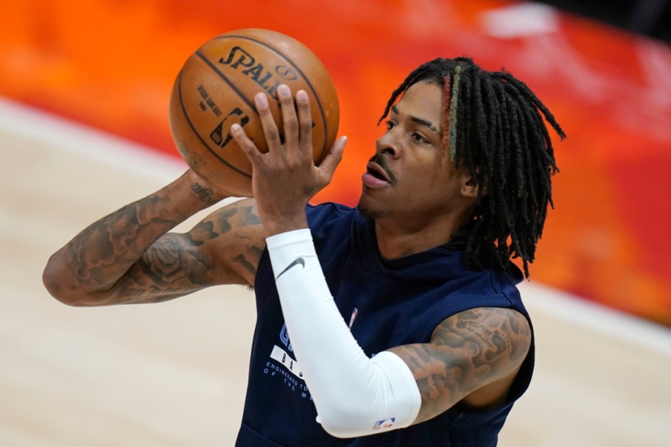 <strong>Memphis Grizzlies guard Ja Morant warms up before Game 5 of the team's NBA basketball first-round playoff series against the Utah Jazz on Wednesday, June 2, 2021, in Salt Lake City.</strong> (Rick Bowmer/AP file)