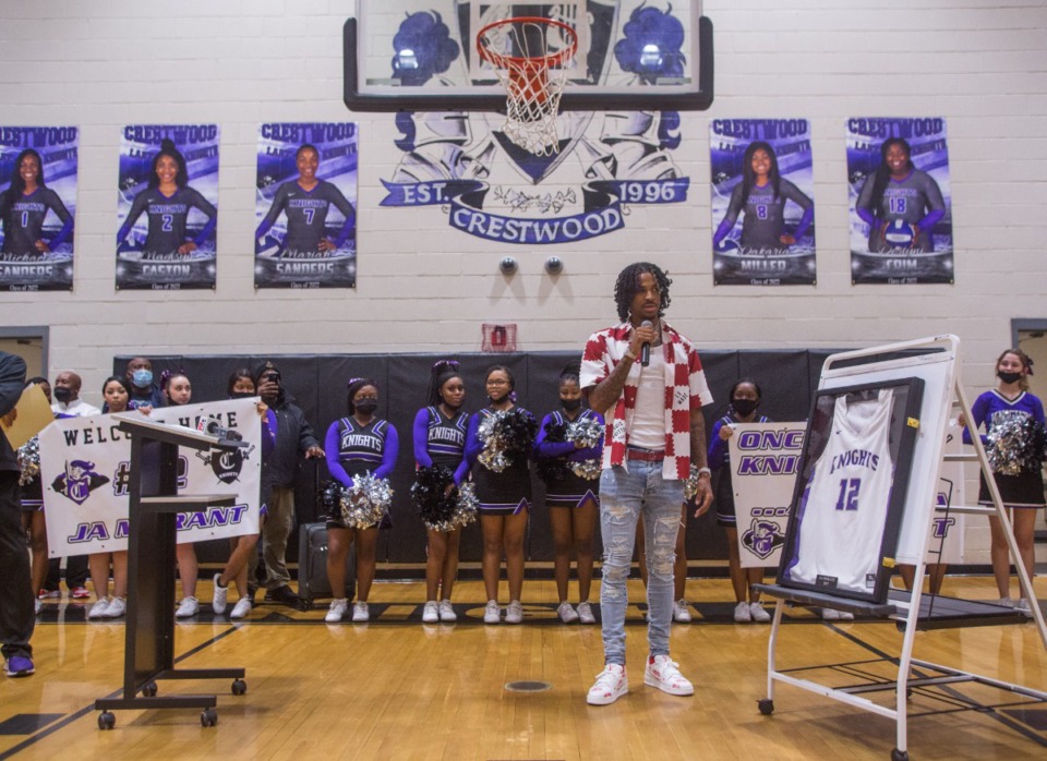 <strong>Ja Morant speaks to the crowd on the night his Crestwood High School jersey is retired, on Dec. 7, 2021.</strong> (Cal Cary/Sumter Item)
