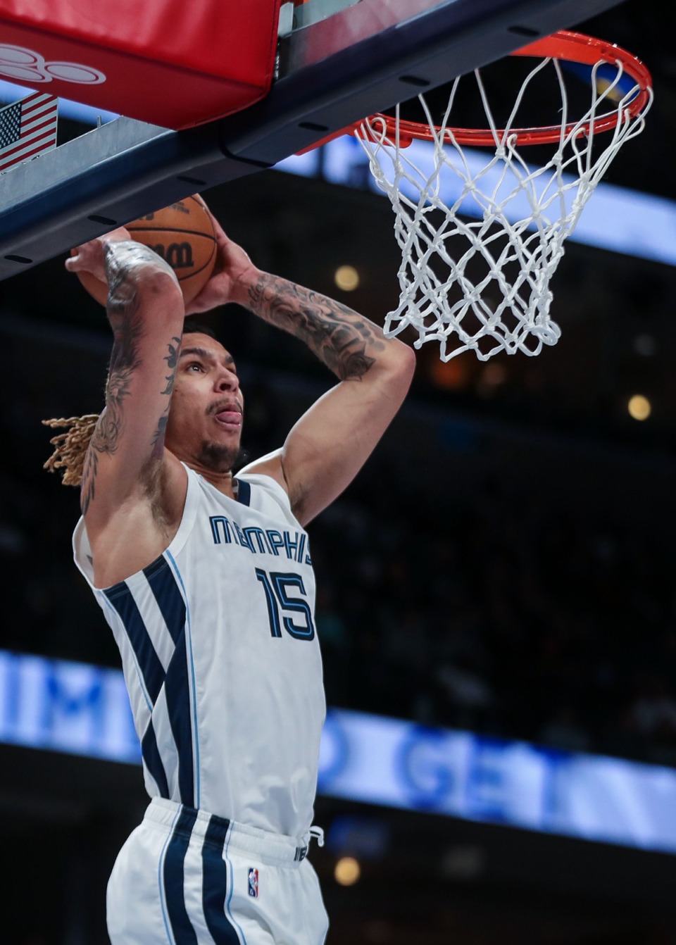 <strong>Memphis Grizzlies forward Brandon Clarke (15) goes up for a dunk during the Feb. 16, 2022, game against the Portland Trail Blazers.</strong> (Patrick Lantrip/Daily Memphian)
