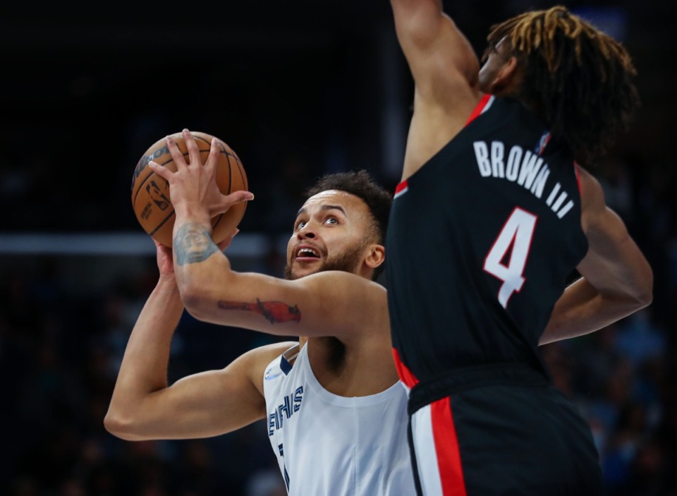 <strong>Memphis Grizzlies forward Kyle Anderson (1) goes for a layup during the Feb. 16, 2022, game against the Portland Trail Blazers.</strong> (Patrick Lantrip/Daily Memphian)