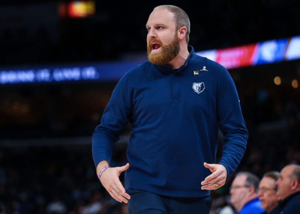 <strong>Memphis Grizzlies coach Taylor Jenkins shouts to his team during the Feb. 16, 2022, game against the Portland Trail Blazers.</strong> (Patrick Lantrip/Daily Memphian)