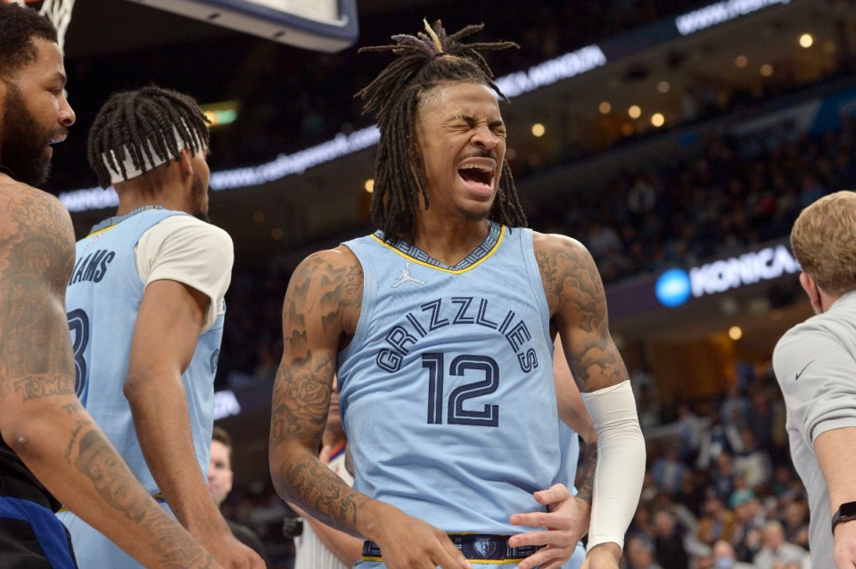 <strong>Memphis Grizzlies guard Ja Morant (12) reacts in the second half of an NBA basketball game against the Los Angeles Clippers Tuesday, Feb. 8, 2022, in Memphis, Tennessee.</strong> (AP Photo/Brandon Dill)