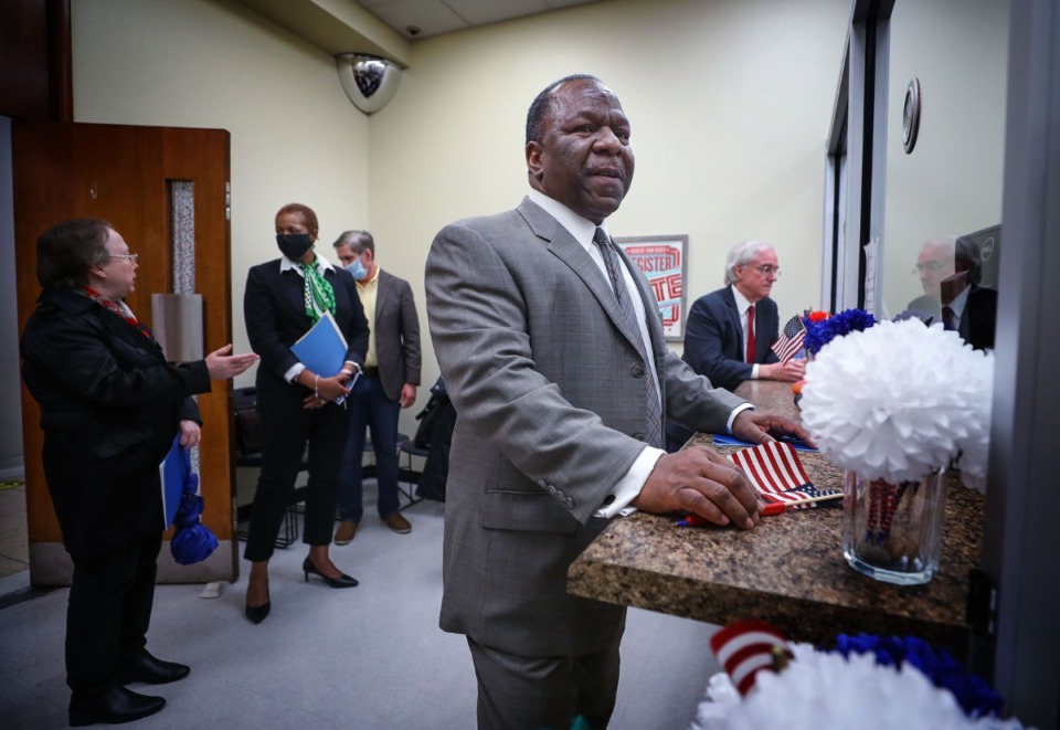 <strong>Judge Lee V. Coffee (center) along with Paula Skahan (from left), Jennifer J. Mitchell, Mark Ward, Carolyn Blackett (not pictured) and Chris Craft file for reelection Feb. 17, 2022. (</strong>Patrick Lantrip/Daily Memphian)