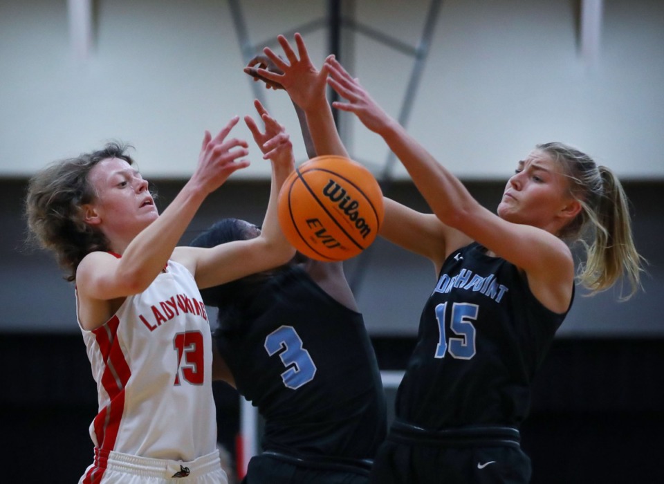 <strong>Northpoint Christian School's Brylee Faith Cherry (15) and Fayette Academy's Megan Grantham (13) fight for a rebound</strong>&nbsp;<strong>in a regional semifinal match&nbsp;on Feb. 17, 2022.</strong> (Patrick Lantrip/Daily Memphian)