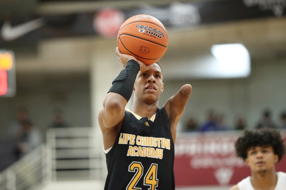 <strong>Hansel Enmanuel Donato Dominguez shoots a free throw against Wilbraham and Monson during a high school basketball game at the Hoophall Classic, Monday, January 17, 2022, in Springfield, Mass.</strong> (AP Photo/Gregory Payan)