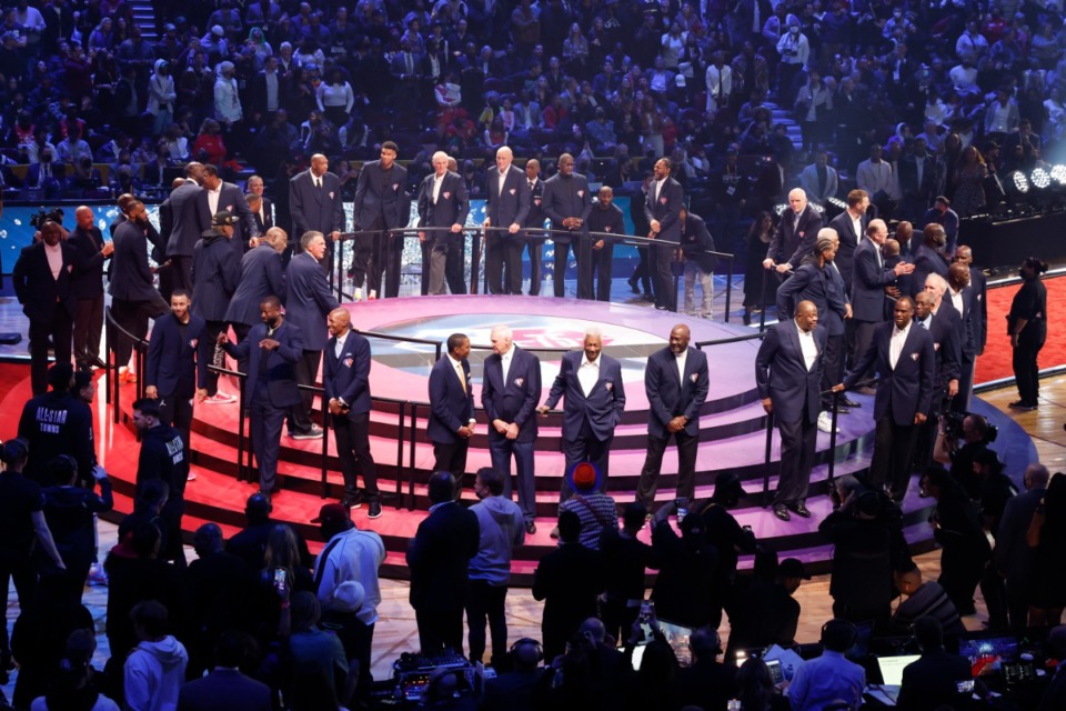 <strong>&ldquo;Hopefully in 25 years I&rsquo;ll be sharing that stage with you guys,&rdquo; Ja Morant said as 75 of the league&rsquo;s greatest players gathered on a stage during halftime at of the NBA All-Star basketball game, Sunday, Feb. 20, 2022, in Cleveland.</strong> (AP Photo/Ron Schwane)