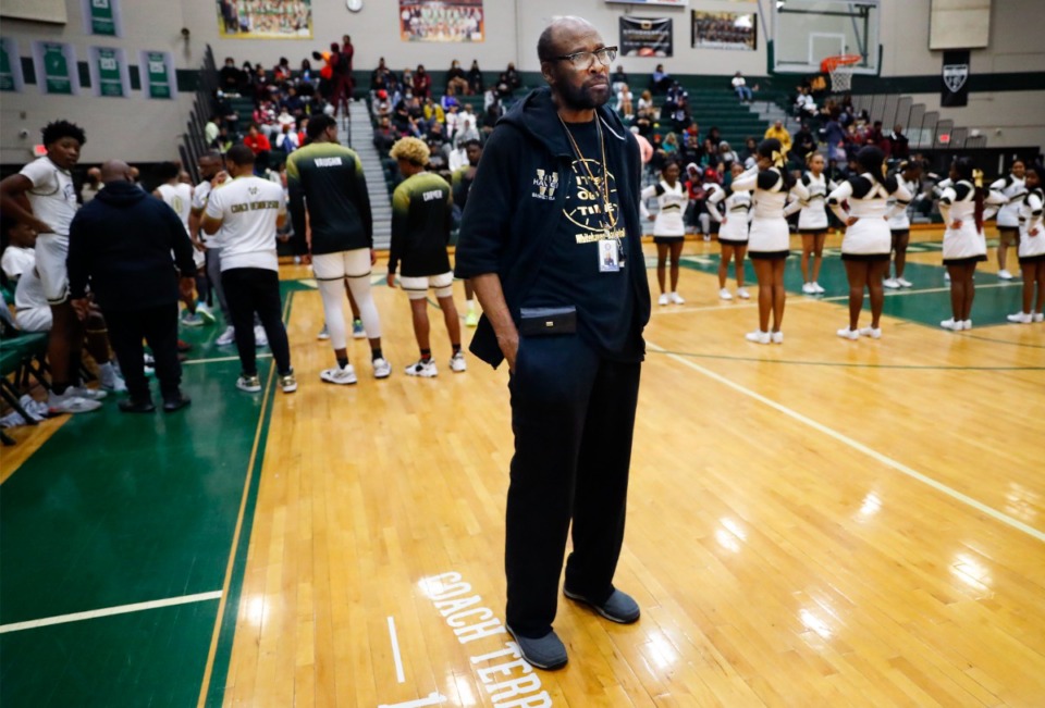 <strong>Whitehaven head coach Fred Horton looks on as Overton players are introduced on Monday, Feb. 21, 2022.</strong> (Mark Weber/The Daily Memphian)