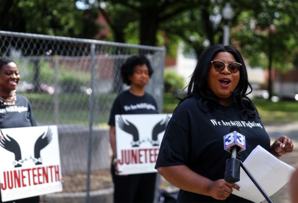 <strong>Telisa Franklin spoke at an April 30, 2021 press conference announcing the new home of the Juneteenth Celebration at Health Sciences Park. A Tennessee House committee stalled a bill upgrading Juneteenth from a day of special observance to an official state holiday.&nbsp;</strong>&nbsp;(Patrick Lantrip/Daily Memphian file)