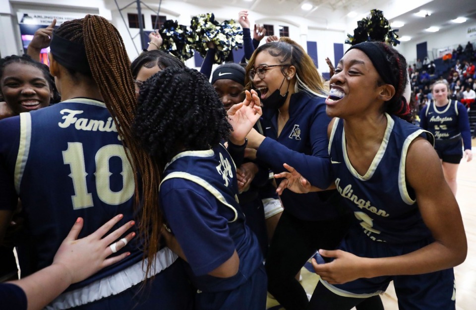 <strong>Arlington&rsquo;s Jasmine Ross (2) celebrates with teammates after winning against Bartlett on Feb. 22, 2022.</strong> (Patrick Lantrip/Daily Memphian)