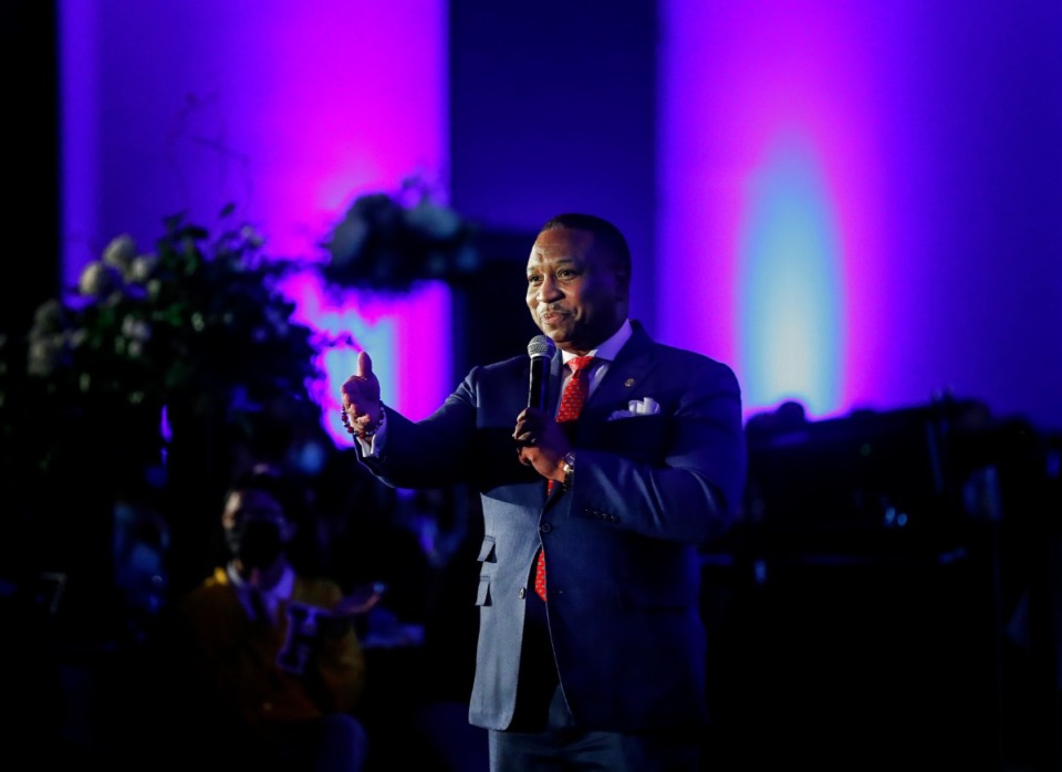 <strong>Memphis-Shelby County Schools Superintendent Joris M. Ray speaks during the State of the District address on Wednesday, Feb. 23, 2022.</strong> (Mark Weber/The Daily Memphian)
