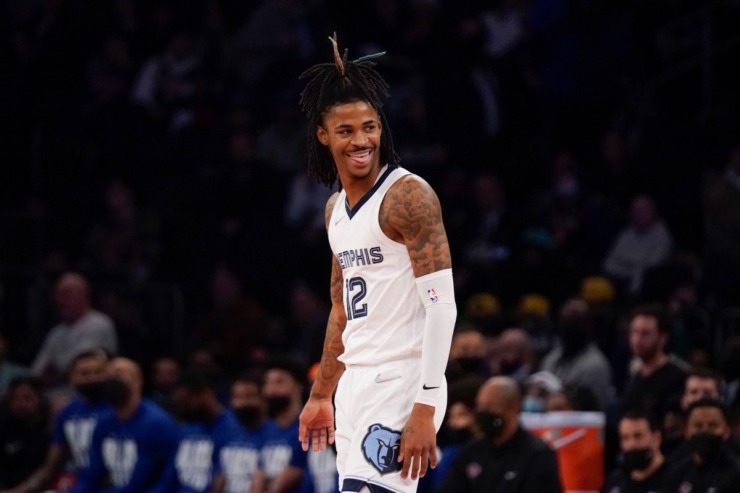Memphis Grizzlies' Ja Morant reacts towards the end of the second half of an NBA basketball game against the New York Knicks, Wednesday, Feb. 2, 2022, in New York. The Grizzlies defeated the Knicks 120-108. (AP Photo/Seth Wenig)