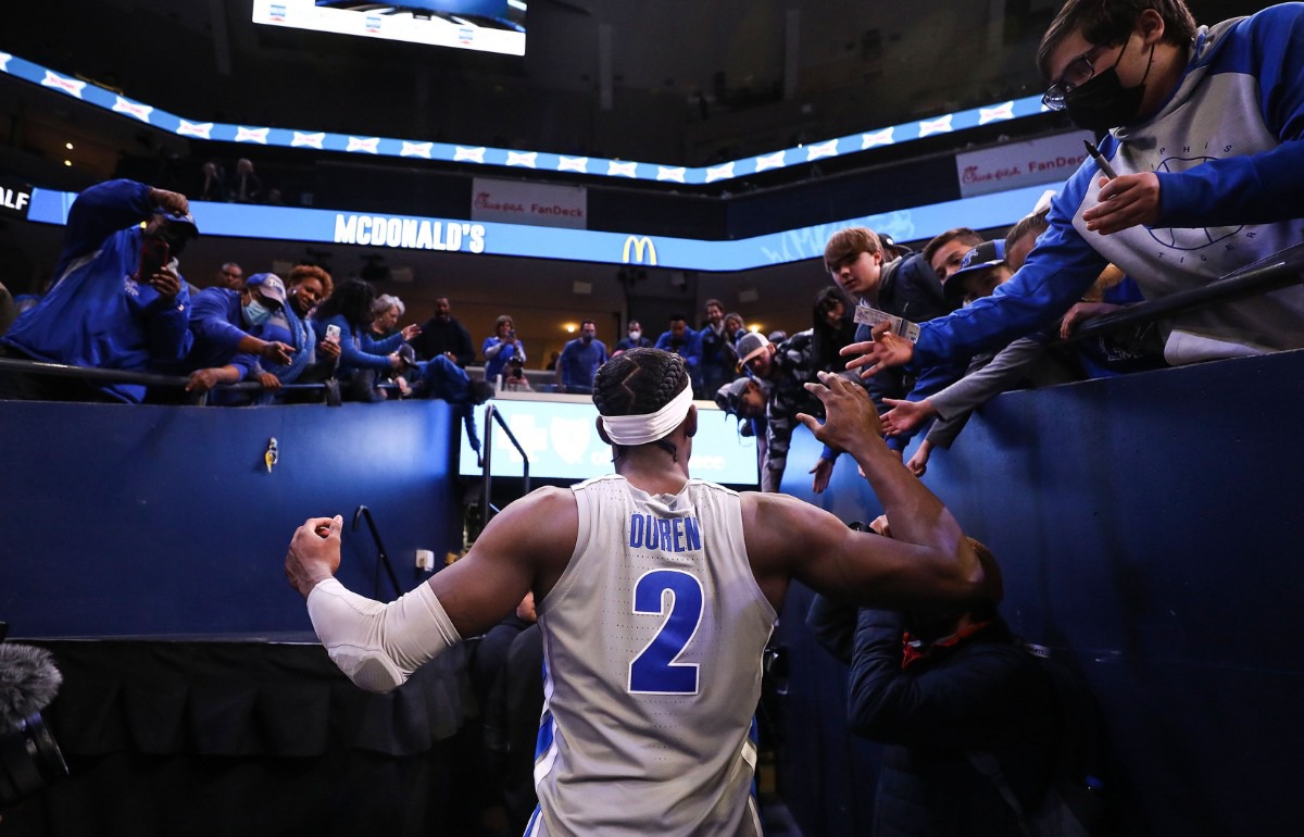 <strong>University of Memphis center Jalen Duren (2) shakes hands with fans after the Feb. 24 game against Temple.</strong> (Patrick Lantrip/Daily Memphian)