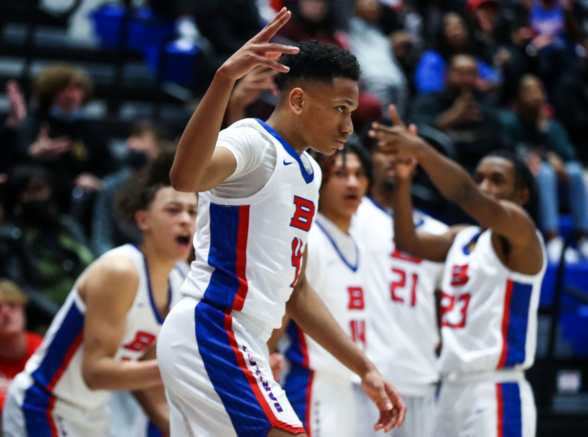 <strong>Bartlett High guard Regale Moore (4) celebrates after hitting a crucial three-pointer down the stretch of a TSSAA regional quarter final game against Overton High Feb. 26, 2022.</strong> (Patrick Lantrip/Daily Memphian)