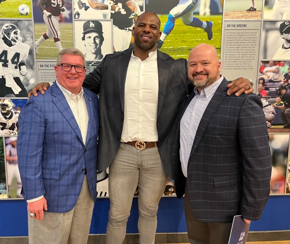 <strong>&ldquo;I&rsquo;m ecstatic man, I&rsquo;m appreciative,&rdquo; said former University of Memphis football player Artis Hicks (center) of being inducted into. Tennessee Sports Hall of Fame Saturday, Feb. 26, 2022. He was photographed with Harold Graeter, TSHF Vice Chairman (left), and Brad Willis, TSHF Executive Director.</strong> (Courtesy Tennessee Sports Hall of Fame)