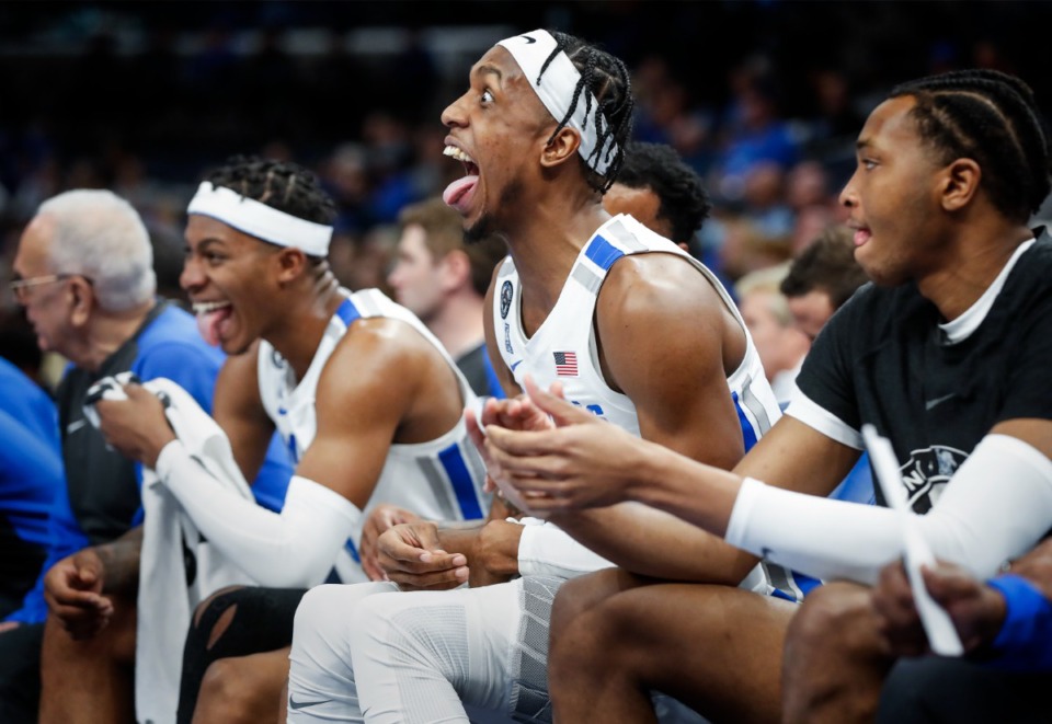 <strong>Forward DeAndre Williams celebrates on the bench during action against Wichita State on Sunday at FedExForum.</strong> (Mark Weber/The Daily Memphian)