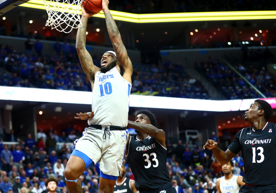<strong>University of Memphis Tigers forward Mike Parks Jr. (10) raises up for a dunk during a game against the Cincinnati Bearcats on Thursday, Feb. 7, 2019.&nbsp;Parks will play his last regular season home game on March 9 against the Tulsa Golden Hurricane.&nbsp;</strong>(Houston Cofield/Daily Memphian file)