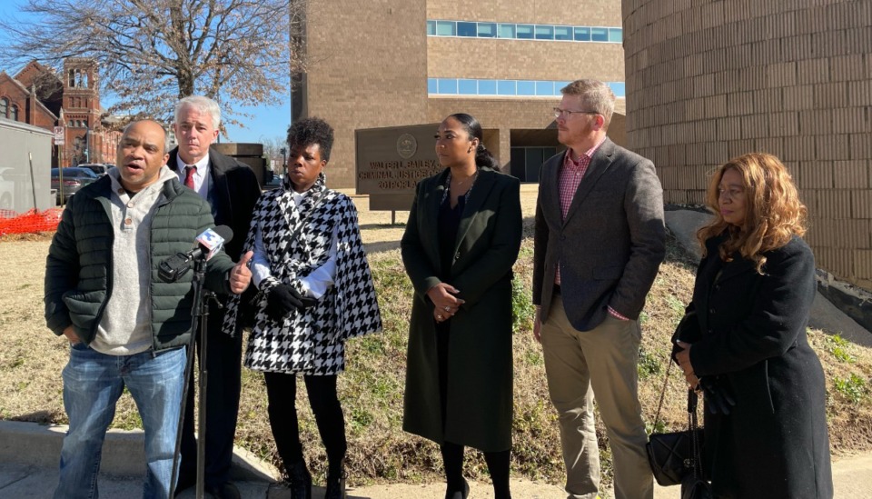 <strong>Democratic candidates for Shelby County District Attorney, Steve Mulroy (second from left) and Janika White (fourth from left), stand with criminal justice advocates (from left) Cardell Orrin, Tikelia Rucker, Josh Spickler and TaJuan Stout Mitchell outside 201 Poplar on Monday, Feb. 28. They called for unity to bring change to the criminal justice system and to defeat incumbent Amy Weirich.</strong> (Yolanda Jones/The Daily Memphian)