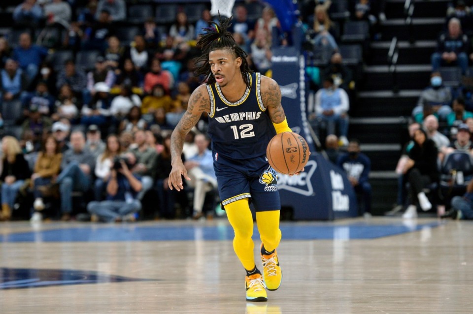 <strong>Memphis Grizzlies guard Ja Morant (12) brings the ball up during the second half of the team's NBA basketball game against the San Antonio Spurs on Monday, Feb. 28, 2022, in Memphis, Tennessee.</strong> (AP Photo/Brandon Dill)