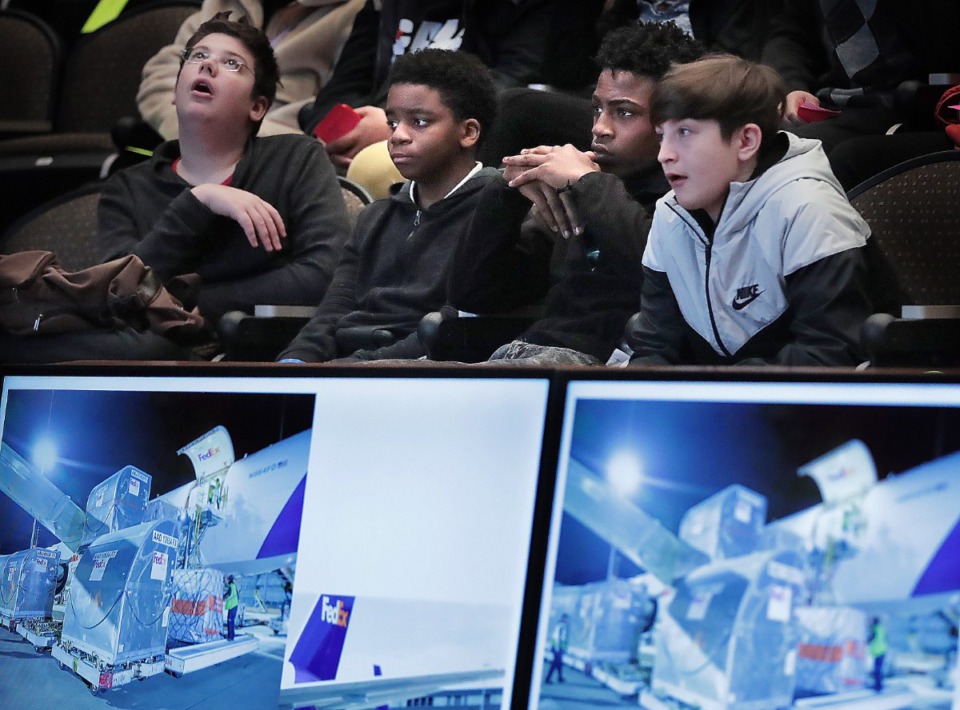 <strong>Students listen to a presentation during a career day for Shelby County Schools students at the FedEx Experience Center on Jan. 30, 2020. Like FedEx, Ford Motor Co. will speak to students on March 2 and March 3 about future career opportunities.&nbsp;</strong>(Daily Memphian file)