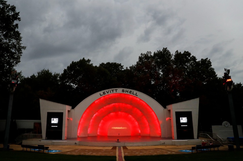 <strong>The Levitt Shell is bathed in red light on Tuesday, Sept. 1, 2020 as it participates in a national effort called #SaveOurStages to get legislation passed to support live performance venues. The venue was renamed&nbsp;&ldquo;Overton Park Shell,&rdquo; on March 3, 2022.&nbsp;</strong>(Daily Memphian file)