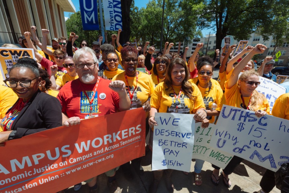 <strong>University of Memphis workers, union members, students, alumni, etc. participate in rally demanding a fare $15.00 minimum wage at the University Memphis campus</strong> (Ziggy Mack/Special to The Daily Memphian file)