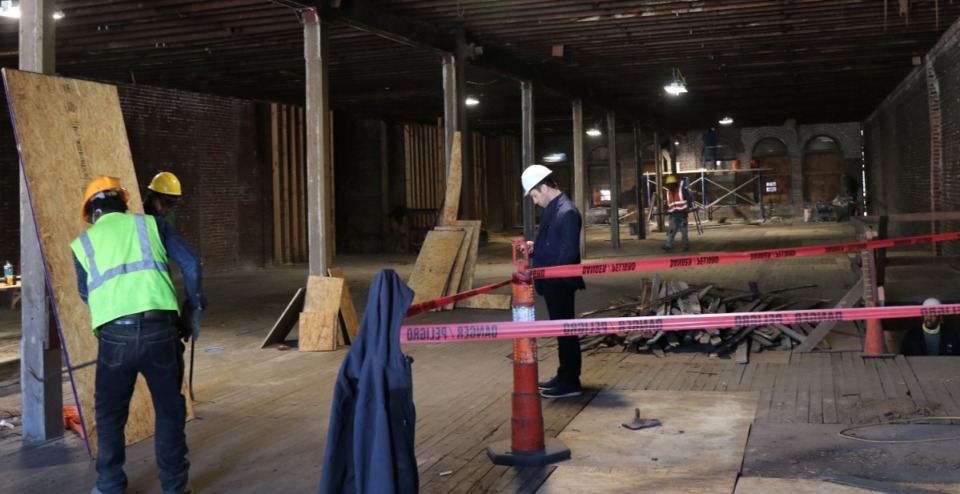 <strong>Construction crews work on the historic 107 S. Main St. building in Downtown Memphis on March 2, 2022. Tom Intrator&rsquo;s 18 Main development began construction on the property six weeks ago.</strong> (Neil Strebig/Daily Memphian)