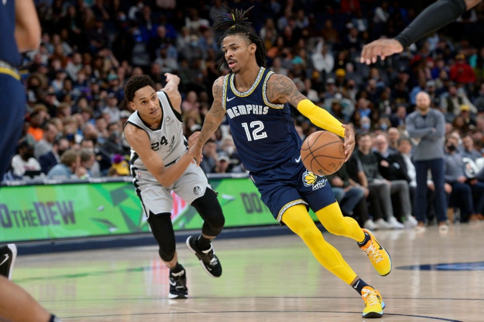 <strong>Memphis Grizzlies guard Ja Morant (12) drives against San Antonio Spurs guard Devin Vassell (24) during the second half of an NBA basketball game Monday, Feb. 28, 2022, in Memphis, Tenn.</strong> (AP Photo/Brandon Dill)