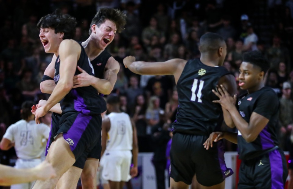 <strong>Christian Brothers forward Michael Pepper (35) celebrates with his teammates after defeating Lipscomb Academy in the TSSAA Divison 2-AA state championship semifinal at Tennessee Tech University in Cookeville, Tennessee, on March 3, 2022.</strong> (Patrick Lantrip/Daily Memphian)