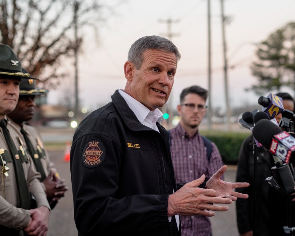 <strong>Gov. Bill Lee talks to media about his plan to add Tennessee Highway Patrol troopers to help monitor Interstate driving in Shelby County.</strong> (Houston Cofield/Special To The Daily Memphian)