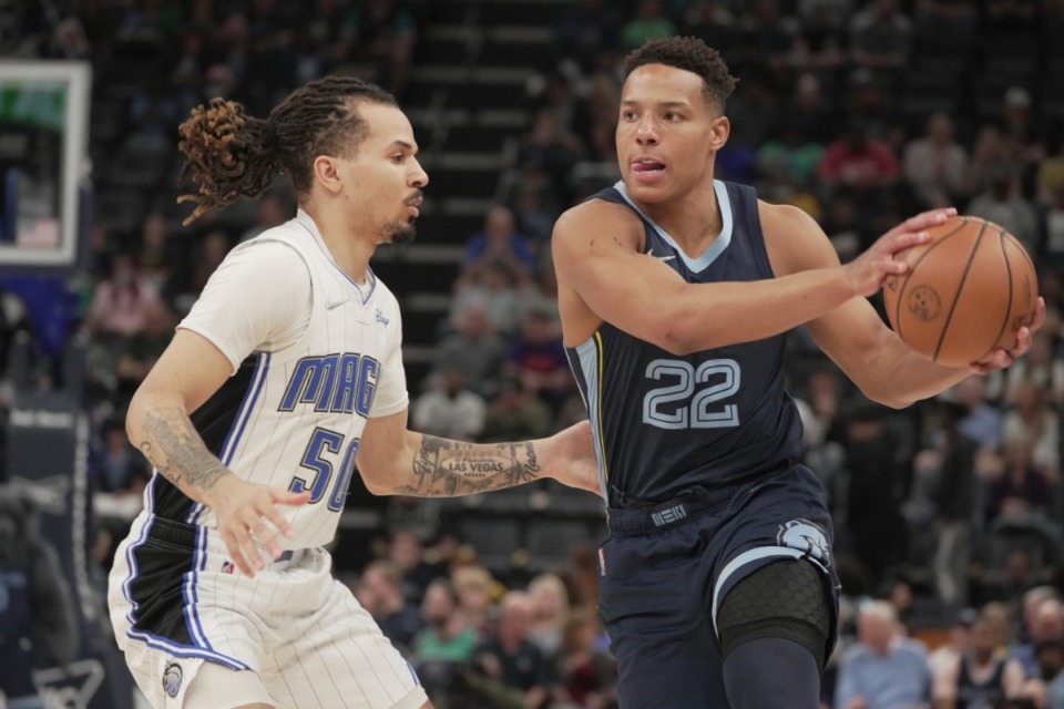 <strong>Memphis Grizzlies' Desmond Bane (22) looks to pass as Orlando Magic's Cole Anthony (50) defends in the first half of an NBA basketball game at FedExForum.</strong> (AP Photo/Karen Pulfer Focht)