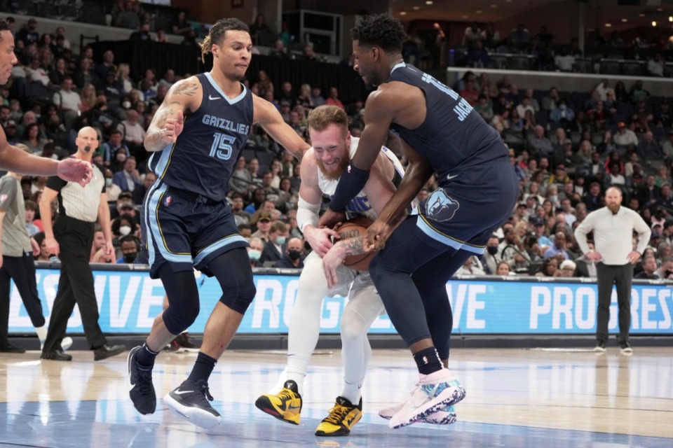 <strong>Memphis Grizzlies defenders Brandon Clarke (15) and Jaren Jackson Jr. keep Orlando Magic&rsquo;s Ignas Brazdekis under control in the second half of an NBA basketball game Saturday, March 5, 2022.</strong> (AP Photo/Karen Pulfer Focht)