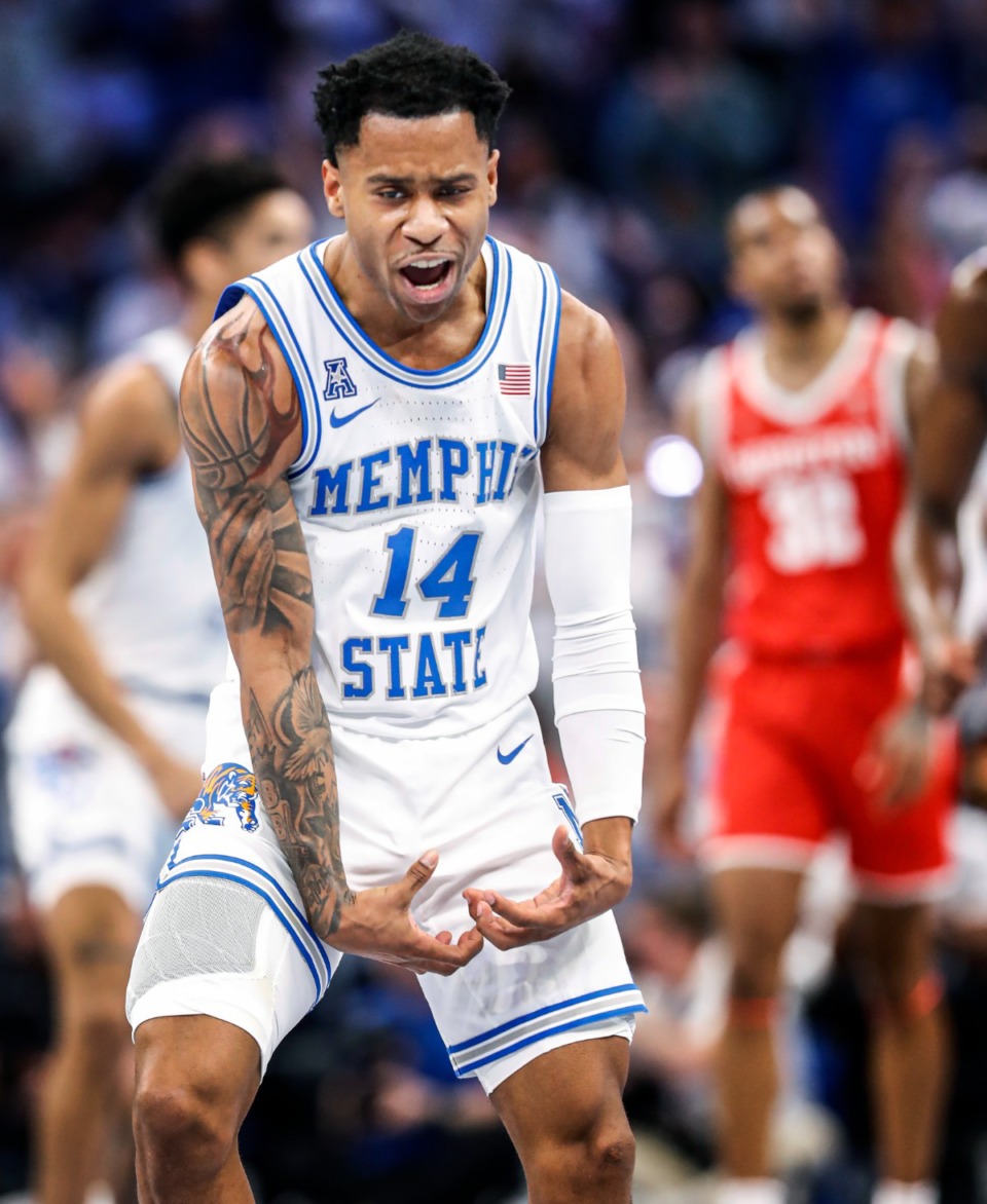 <strong>Memphis guard Tyler Harris celebrates a made 3-point basket against Houston during game on Sunday, March 6, 2022.</strong> (Mark Weber/The Daily Memphian)