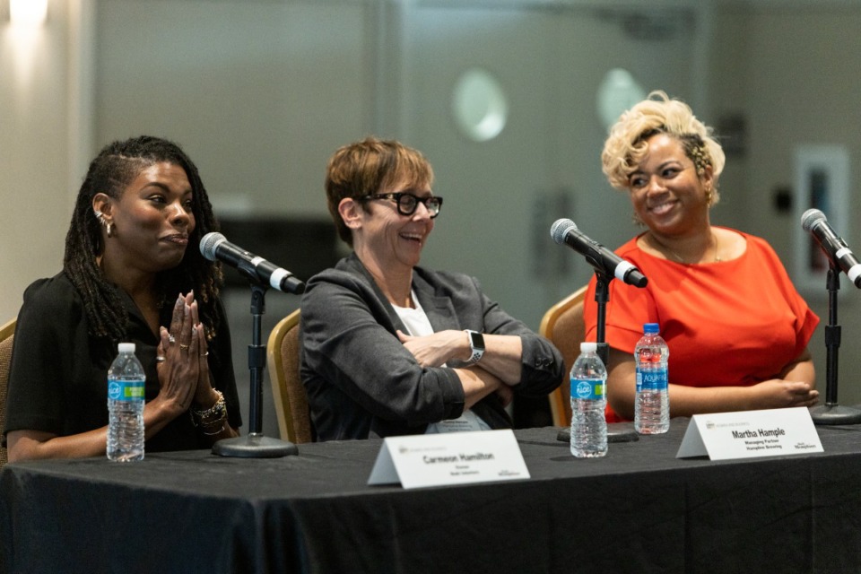 <strong>Carmeon Hamilton (left), owner of Nubi Interiors and star of HGTV&rsquo;s &ldquo;Reno my Rental,&rdquo; addresses the audience during The Daily Memphian&rsquo;s Women and Business seminar at the Memphis Botanic Garden on March 3. She was joined on the panel by Martha Hample (middle) and Vonesha Mitchell.</strong> (Brad Vest/Special to the Daily Memphian)
