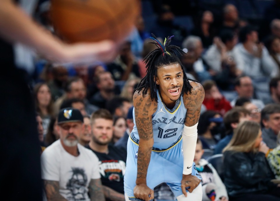 <strong>Memphis Grizzlies guard Ja Morant during takes a breather during a break in action against the New Orleans Pelicans on Tuesday, March 8, 2022.</strong> (Mark Weber/The Daily Memphian)