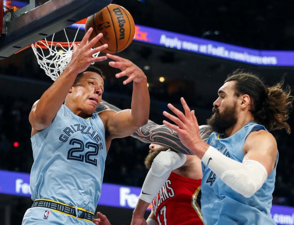 <strong>Memphis Grizzlies guard Desmond Bane (left0 grabs a rebound against the New Orleans Pelicans on Tuesday, March 8, 2022.</strong> (Mark Weber/The Daily Memphian)
