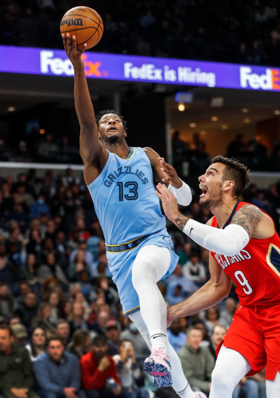<strong>Memphis Grizzlies forward Jaren Jackson Jr., (left) drives for a layup against New Orleans&rsquo; Willy Hernangomez (right) on Tuesday, March 8, 2022.</strong> (Mark Weber/The Daily Memphian)