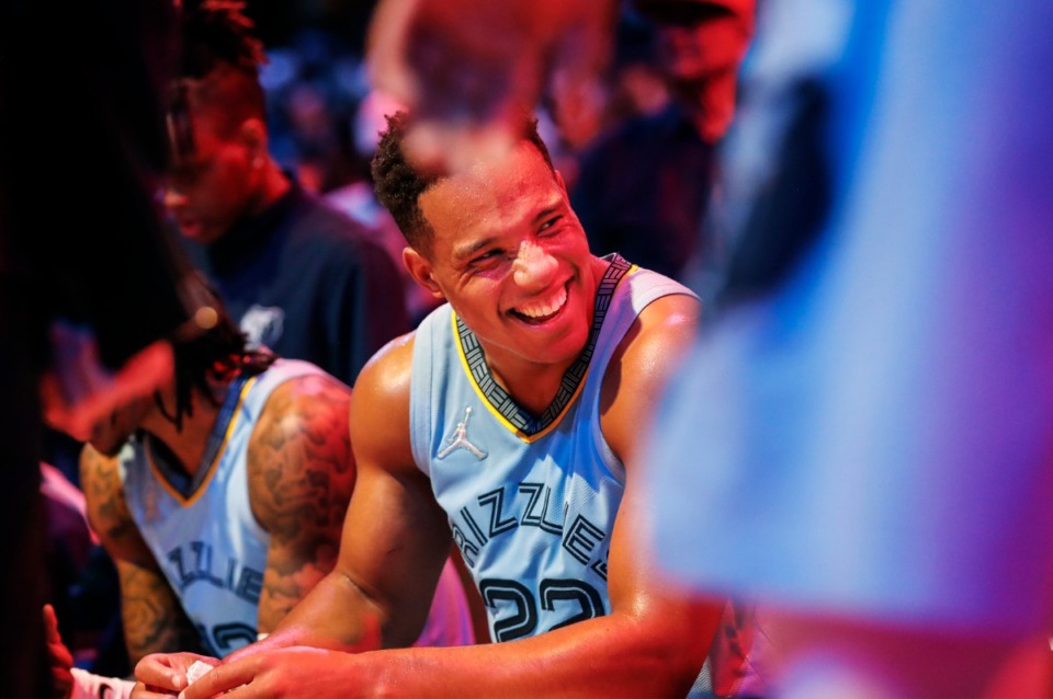 <strong>Memphis Grizzlies guard Desmond Bane smiles on the bench during the game against the New Orleans Pelicans on Tuesday, March 8, 2022.</strong> (Mark Weber/The Daily Memphian)