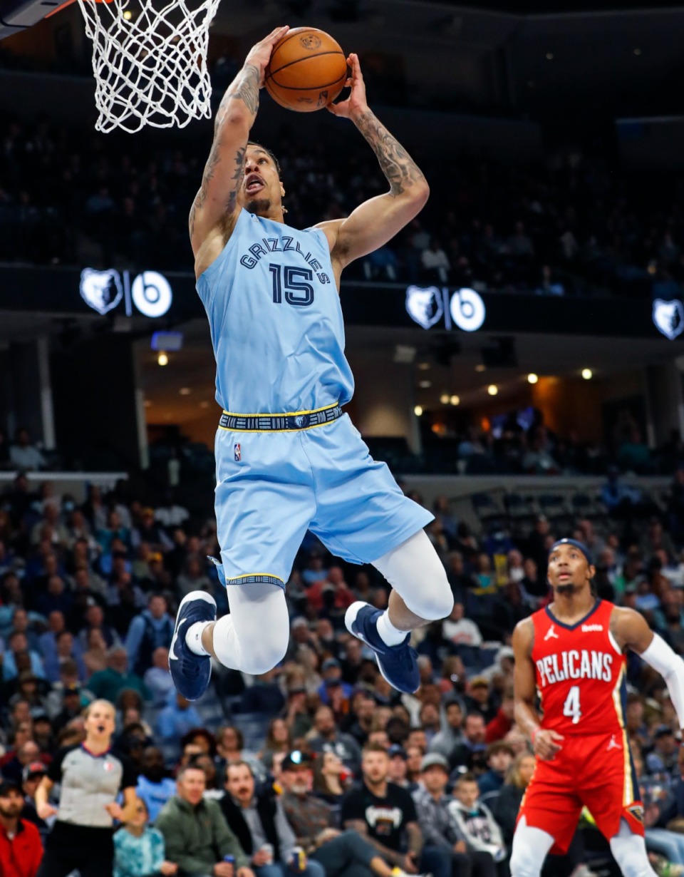 <strong>Memphis Grizzlies forward Brandon Clarke goes for a dunk against the New Orleans Pelicans on Tuesday, March 8, 2022.</strong> (Mark Weber/The Daily Memphian)