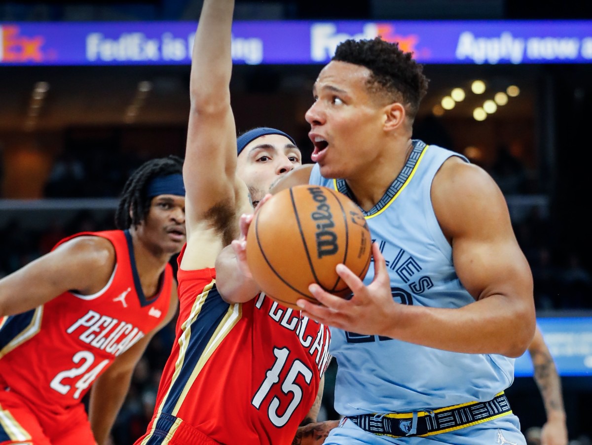 <strong>Memphis Grizzlies guard Desmond Bane (right) drives the lane against New Orleans&rsquo; Jose Alvarado (left) on Tuesday, March 8, 2022.</strong> (Mark Weber/The Daily Memphian)