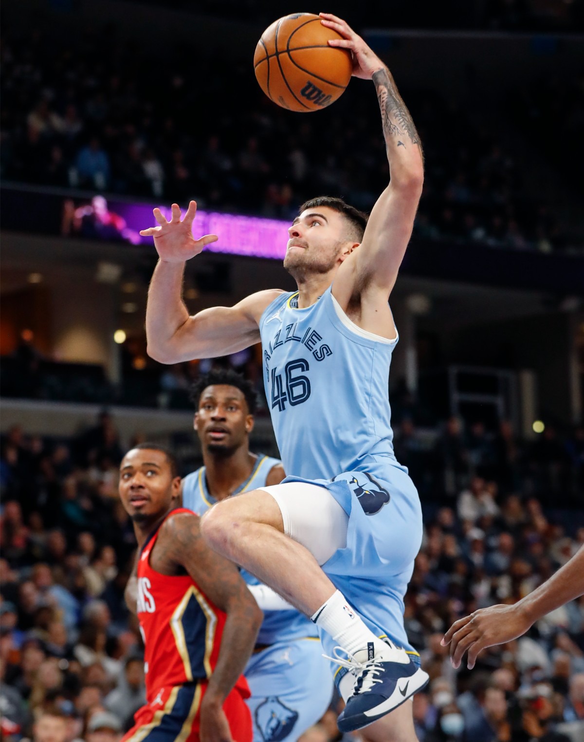 <strong>Memphis Grizzlies guard John Konchar drives the lane against the New Orleans Pelicans on Tuesday, March 8, 2022.</strong> (Mark Weber/The Daily Memphian)