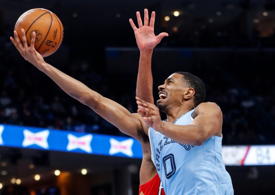 <strong>Memphis Grizzlies De'Anthony Melton drives to the basket against what seems like minimal New Orleans defense on March 8, 2022.</strong> (Mark Weber/The Daily Memphian)