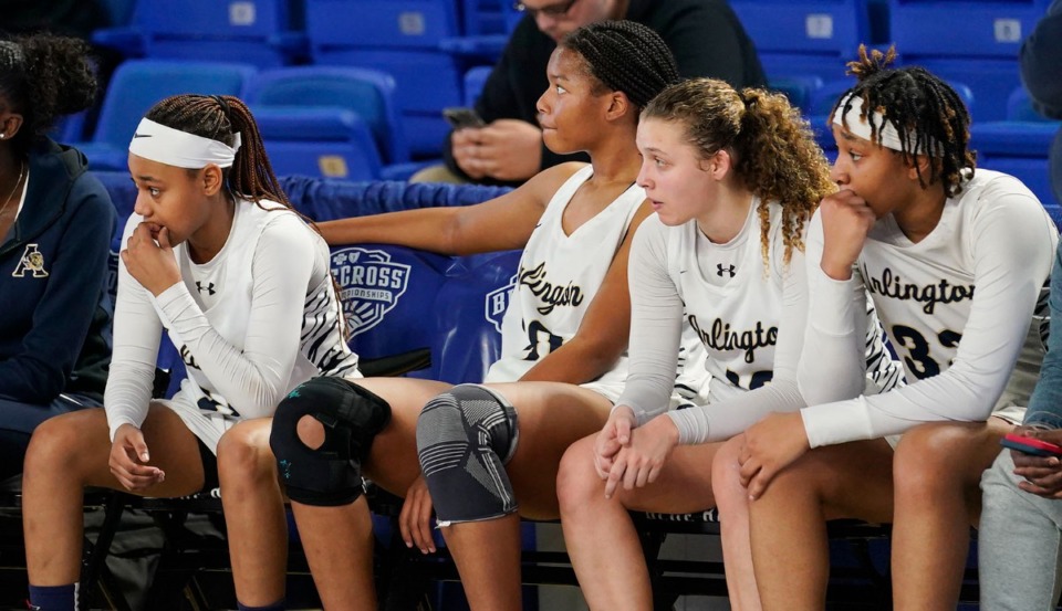 <strong>Arlington High starters watch the last seconds of the game from the bench as they lose the Division I, Class 4A game against Beech at Murphy Center Wednesday March 9, in Murfreesboro.</strong> (Mark Weber/The Daily Memphian)