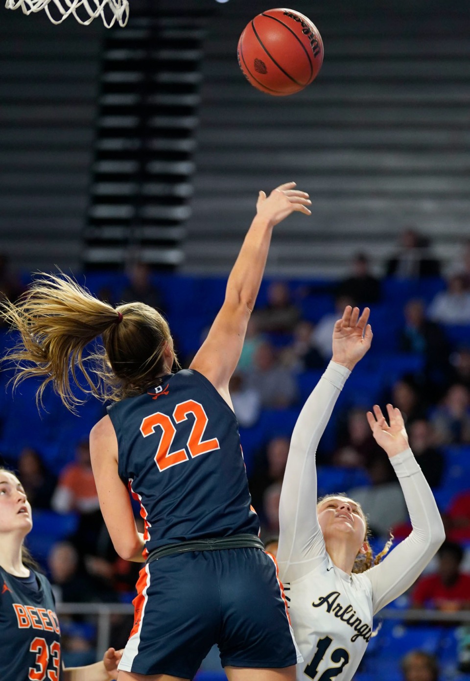 <strong>Beech&rsquo;s Riley Long (22) blocks a shot by Arlington&rsquo;s Alindsey Long (12) during the Division I, Class 4A game on Wednesday March 9, in Murfreesboro.</strong>&nbsp;(Mark Weber/The Daily Memphian)