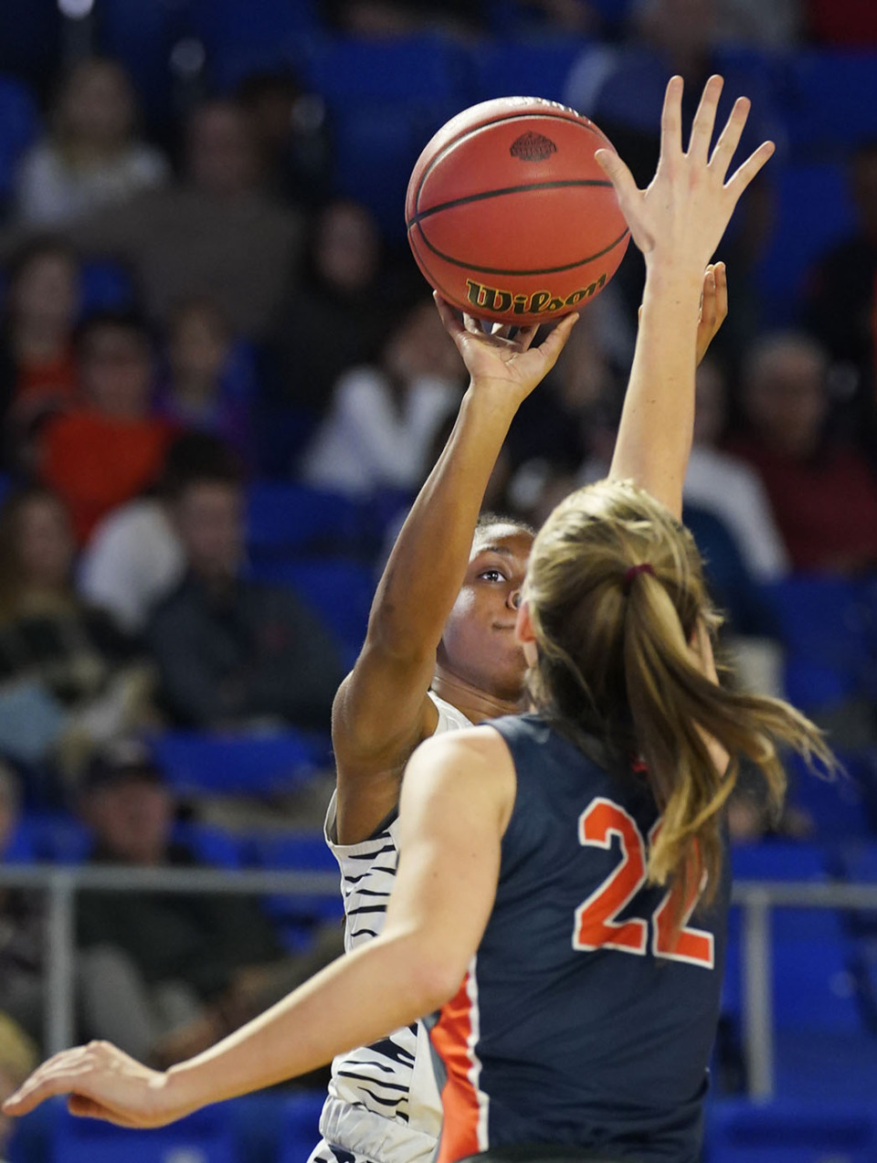 <strong>Arlington&rsquo;s Jasmine Ross (2) tries to shoot over Riley Long (22) during the Division I, Class 4A game at Murphy Center in Murfreesboro.</strong>&nbsp;(Mark Weber/The Daily Memphian)