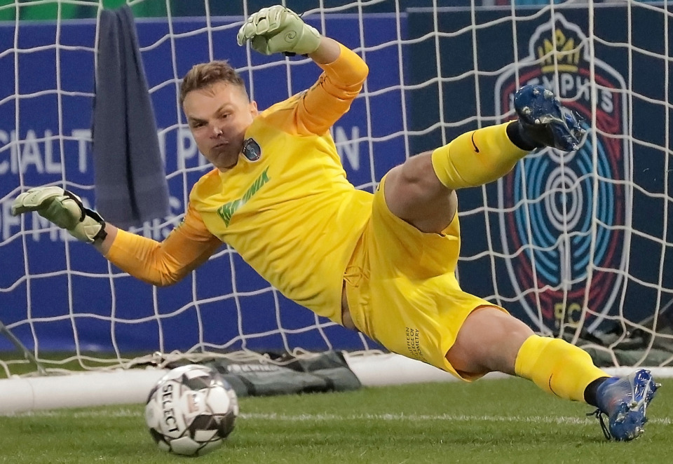 <strong>Goal keeper Jeff Caldwell misjudges a penalty kick for a Tampa score during the 901 FC season opener against the Tampa Rowdies at Autozone Park on March 9, 2019. The Rowdies beat Memphis 1-0 with a penalty kick early in the first half.</strong> (Jim Weber/Daily Memphian)