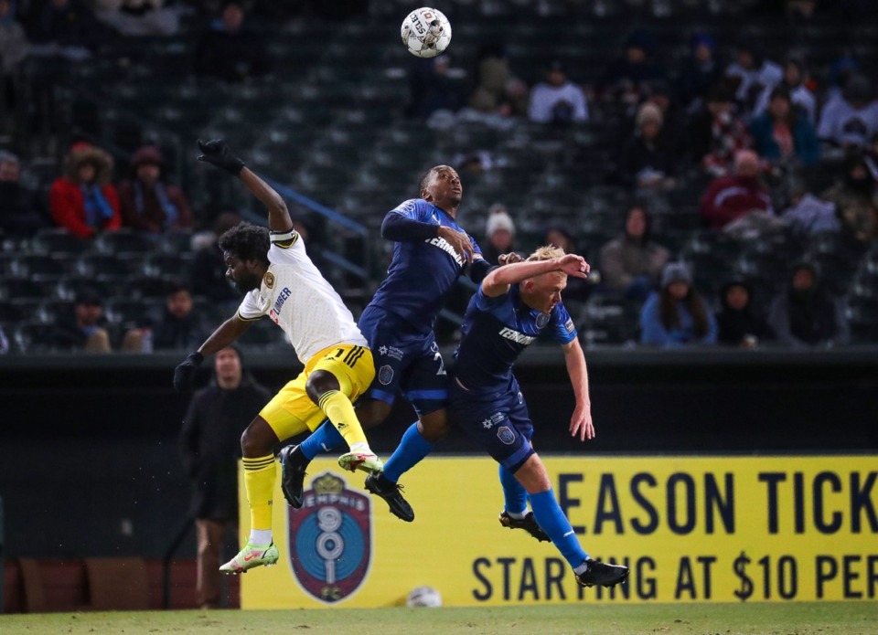 <strong>Memphis 901 FC defender Leston Paul (23) fights for the ball during the March 12 home match against the Pittsburgh Riverhounds.</strong> (Patrick Lantrip/Daily Memphian)